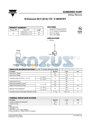 SUM60N02-3M9P datasheet - N-Channel 20-V (D-S) 175 `C MOSFET
