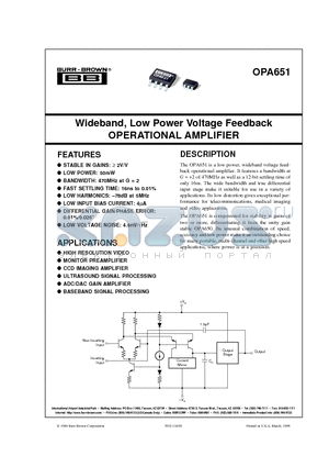 OPA651U datasheet - Wideband, Low Power Voltage Feedback OPERATIONAL AMPLIFIER