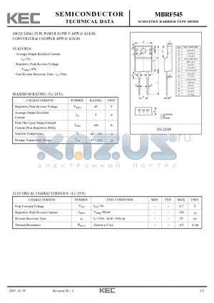 MBRF545 datasheet - SWITCHING TYPE POWER SUPPLY APPLICATION CONVERTER & CHOPPER APPLICATION