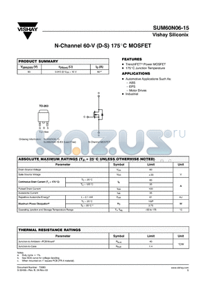 SUM60N06-15 datasheet - N-Channel 60-V (D-S) 175C MOSFET