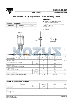 SUM60N08-07T datasheet - MOSFET SPECIFICATIONS (TJ = 25 C UNLESS OTHERWISE NOTED)