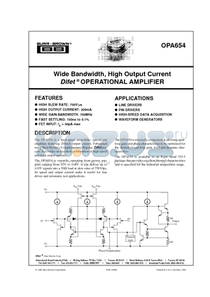 OPA654 datasheet - Wide Bandwidth, High Output Current Difet OPERATIONAL AMPLIFIER