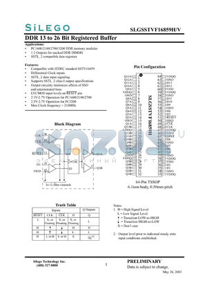 SLGSSTVF16859H-TR datasheet - DDR 13 to 26 Bit Registered Buffer