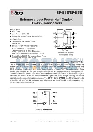 SP485E datasheet - Enhanced Low Power Half-Duplex RS-485 Transceivers