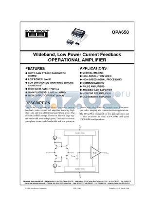 OPA658 datasheet - Wideband, Low Power Current Feedback OPERATIONAL AMPLIFIER