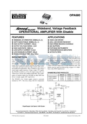 OPA680 datasheet - Wideband, Voltage Feedback OPERATIONAL AMPLIFIER With Disable TM
