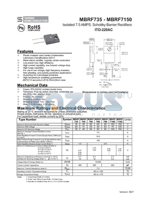 MBRF750 datasheet - Isolated 7.5 AMPS. Schottky Barrier Rectifiers
