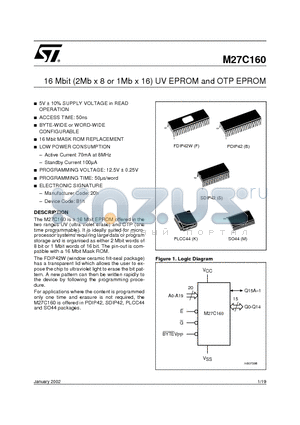 M27C160-100B1TR datasheet - 16 Mbit 2Mb x8 or 1Mb x16 UV EPROM and OTP EPROM