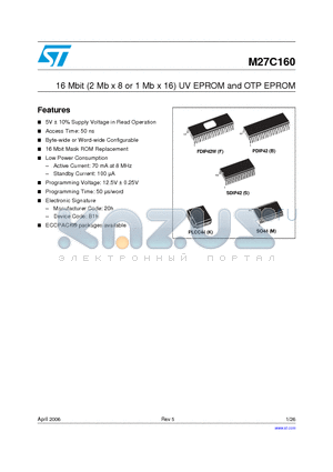 M27C160-100B6 datasheet - 16 Mbit (2 Mb x 8 or 1 Mb x 16) UV EPROM and OTP EPROM