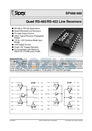 SP488 datasheet - Quad RS-485/RS-422 Line Receivers