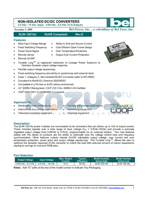 SLIN-12E1A0 datasheet - NON-ISOLATED DC/DC CONVERTERS 4.5 Vdc - 14 Vdc Input, 0.69 Vdc - 5.5 Vdc /12 A Outputs