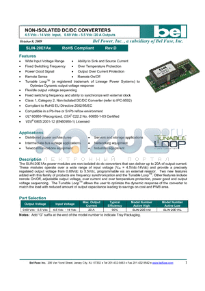 SLIN-20E1A0 datasheet - NON-ISOLATED DC/DC CONVERTERS 4.5 Vdc - 14 Vdc Input, 0.69 Vdc - 5.5 Vdc /20 A Outputs
