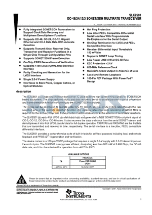 SLK2501IPZP datasheet - OC-48/24/12/3 SONET/SDH MULTIRATE TRANSCEIVER