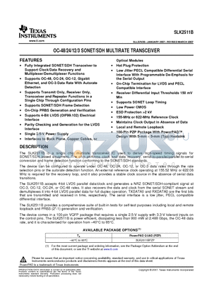 SLK2511BPZP datasheet - OC-48/24/12/3 SONET/SDH MULTIRATE TRANSCEIVER