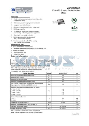 MBRI20100CT_13 datasheet - 20.0AMPS Schottky Barrier Rectifier High Surge capability