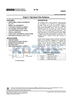 OPA693 datasheet - Single 2:1 High-Speed Video Multiplexer