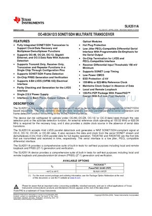 SLK2511AIPZPG4 datasheet - OC-48/24/12/3 SONET/SDH MULTIRATE TRANSCEIVER