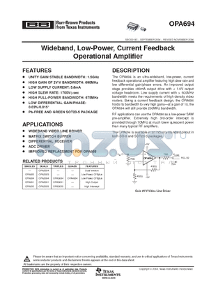 OPA694IDR datasheet - Wideband, Low-Power, Current Feedback Operational Amplifier