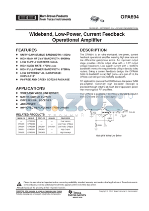 OPA694ID datasheet - Wideband, Low-Power, Current Feedback Operational Amplifier