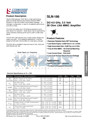 SLN-186-TR2 datasheet - DC-4.0 GHz, 3.5 Volt 50 Ohm LNA MMIC Amplifier