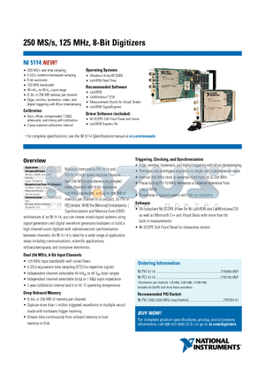 NIPXI-5114 datasheet - 250 MS/s, 125 MHz, 8-Bit Digitizers