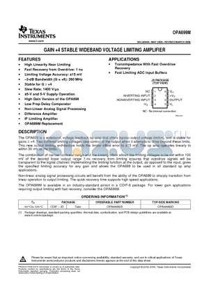 OPA699MJD datasheet - GAIN 4 STABLE WIDEBAND VOLTAGE LIMITING AMPLIFIER