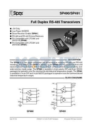 SP490EN/TR datasheet - Full Duplex RS-485 Transceivers