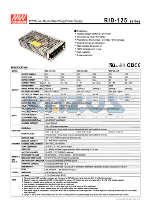 RID-125 datasheet - 125W Dual Output Swithching Power Supply