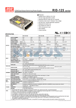 RID-125-1248 datasheet - 125W Dual Output Switching Power Supply