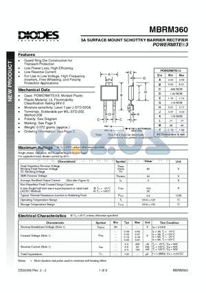 MBRM360-13 datasheet - 3A SURFACE MOUNT SCHOTTKY BARRIER RECTIFIER POWERMITE3