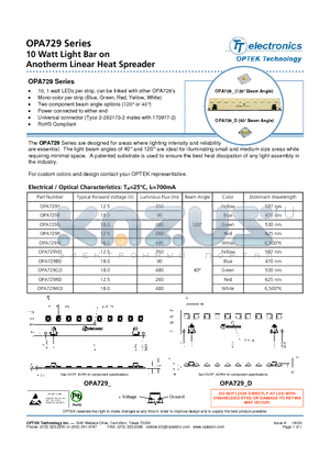 OPA729W datasheet - 10 Watt Light Bar on Anotherm Linear Heat Spreader