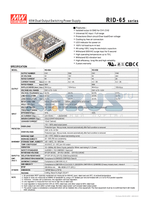 RID-65A datasheet - 65W Dual Output Switching Power Supply
