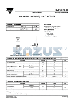 SUP40N10-35 datasheet - N-Channel 105-V (D-S) 175C MOSFET