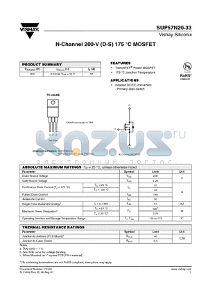 SUP57N20-33_08 datasheet - N-Channel 200-V (D-S) 175 `C MOSFET