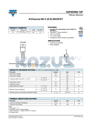 SUP60N06-12P-GE3 datasheet - N-Channel 60-V (D-S) MOSFET