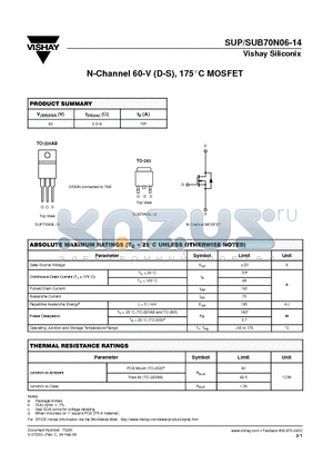 SUP70N06-14 datasheet - N-Channel 60-V (D-S), 175 Degree Celcious MOSFET