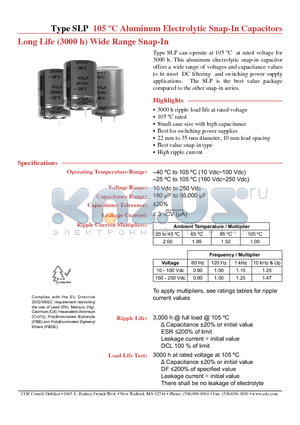 SLP103M025E3P3 datasheet - 105 jC Aluminum Electrolytic Snap-In Capacitors