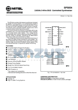 SP5054SKGMPAS datasheet - 2.6GHz 3-Wire BUS Controlled Synthesiser