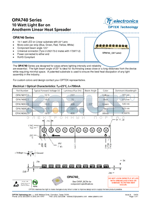 OPA740Y23 datasheet - 10 Watt Light Bar on Anotherm Linear Heat Spreader