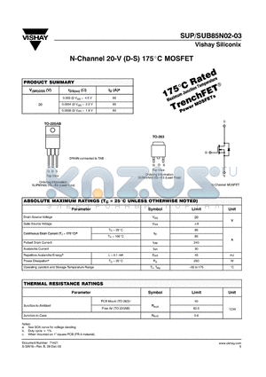 SUP85N02-03 datasheet - N-Channel 20-V (D-S) 175 Degree Celcious MOSFET