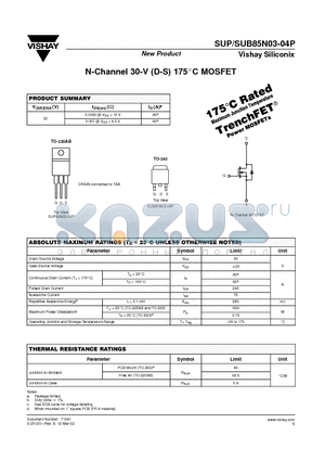 SUP85N03-04P datasheet - N-Channel 30-V (D-S) 175C MOSFET