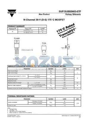 SUP85N03-07P datasheet - N-Channel 30-V (D-S) 175C MOSFET