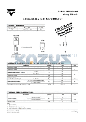 SUP85N04-04-E3 datasheet - N-Channel 40-V (D-S) 175C MOSFET