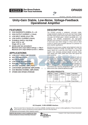 OPA820IDBVR datasheet - Unity-Gain Stable, Low-Noise, Voltage-Feedback Operational Amplifier