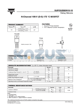 SUP85N10-10 datasheet - N-Channel 100-V (D-S) 175 `C MOSFET