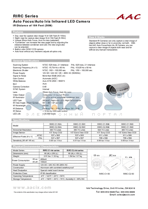 RIRC-C1-50A datasheet - Auto Focus/Auto Iris Infrared LED Camera