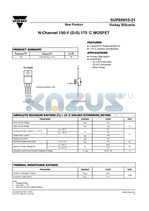 SUP85N15-21 datasheet - N-Channel 150-V (D-S) 175C MOSFET