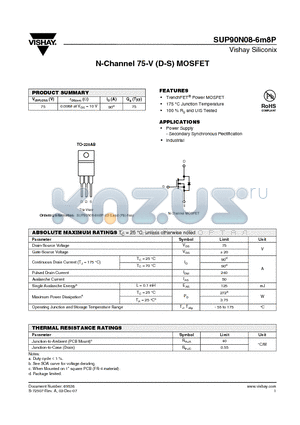 SUP90N08-6M8P-E3 datasheet - N-Channel 75-V (D-S) MOSFET