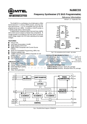 NJ88C33 datasheet - Frequency Synthesiser (I2C BUS Programmable)