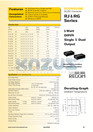 RJ-0515DHP datasheet - 1 Watt DIP14 Single & Dual Output
